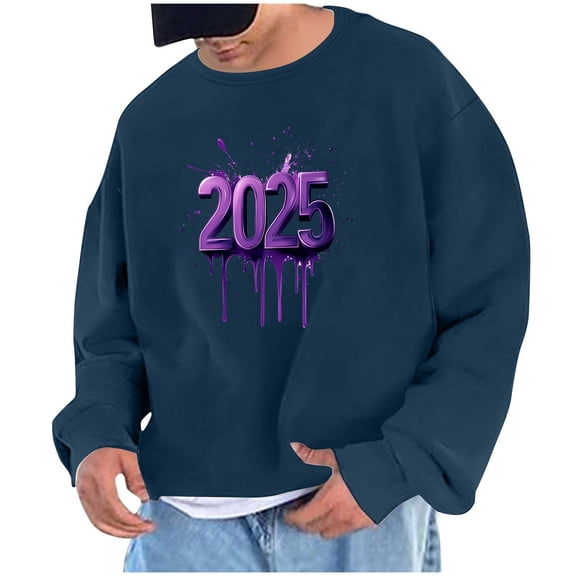 Men's 2025 New Year Printing Sweatshirt Pullover Round Neck Long Sleeve Exercise No Hat The Coat Hoodie