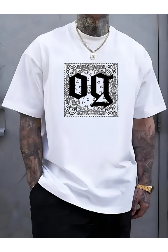 Men's 2025 Summer OG Graphic T-Shirt - Black Streetwear Vintage Letter Print with Ornate OG Initials, Round Neck Casual Tee, Durable Hot Transfer Printing for Everyday Summer Outfits
