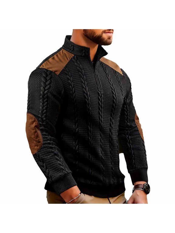 Men's 2025 Textured Wheat Ear Pattern Contrast Threaded Patchwork Zipper Casual Long Sleeve Hoodless Sweatshirt for Autumn Winter Oversized Pullover Long Sleeve Crewneck Casual Tops