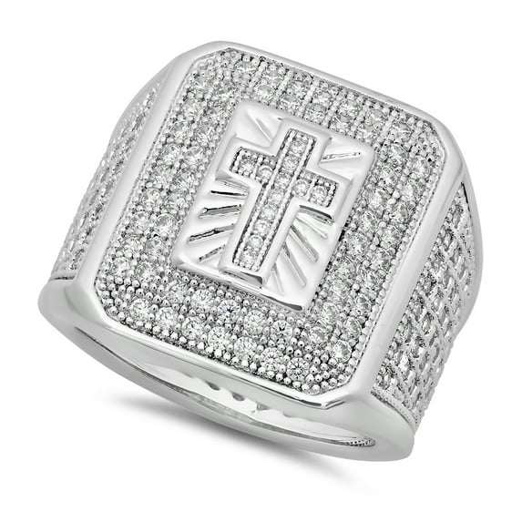 Men's 21.5mm Rhodium Plated Brass Rhodium Plated Brass Rhodium Plated White CZ Iced Out Ring, Size 8 + Gift Box