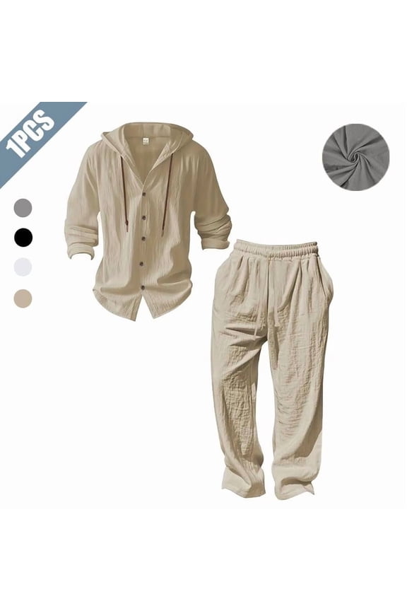 Men's 2-Piece Linen Outfit, Casual Hooded Button-Up Shirt and Drawstring Pants Set