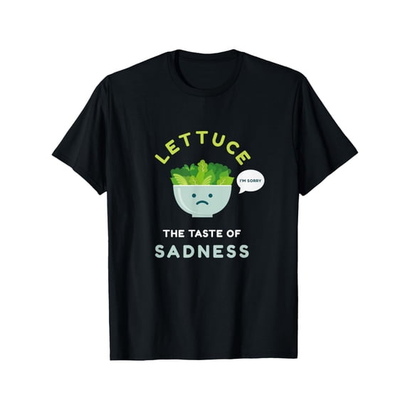 Men's 220g 100% Cotton T-Shirt - Funny "Lettuce The Taste of Sadness" Graphic Tee with Sad Lettuce Face, Black Casual Short Sleeve Round Neck Shirt for Casual Attire, Machine Washable Top,