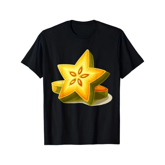 Men's 220g 100% Cotton T-Shirt - Starfruit Nourishing Fruits & Vegetables Graphic Print, Black with Yellow Star Design, Regular Fit Short Sleeve Casual Tee for Casual Attire,