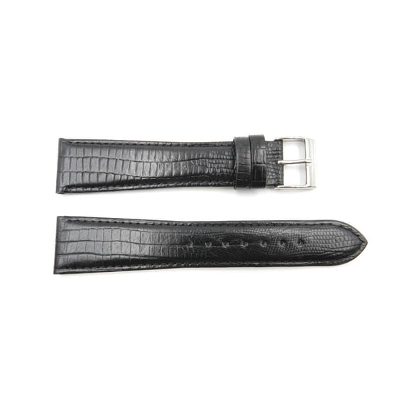 Men's 22mm Black Genuine Leather Long Lizard Grain Watch Strap