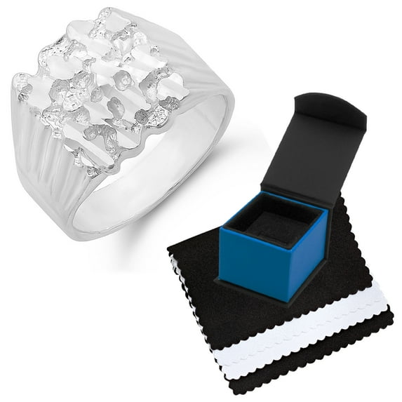 Men's 22mm Silver Square Nugget Ring, Size 9 + Gift Box
