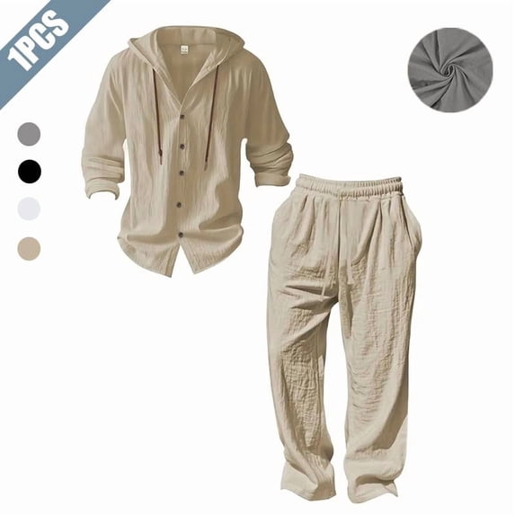 Men's 2-Piece Linen Outfit, Casual Hooded Button-Up Shirt and Drawstring Pants Set