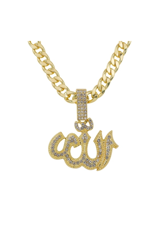 Men's Iced-Out Medium Allah Pendant with 6mm Cuban Chain – Hip-Hop Fashion Necklace, Sparkling Statement Jewelry, Gift for Him - 26mm Gold