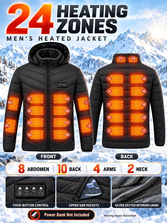 Men's 24-Zone Heated Jacket, Detachable Hood 4-Button Control Thermal Coat, Lightweight Quilted Winter Outerwear (Power Bank Not Included)