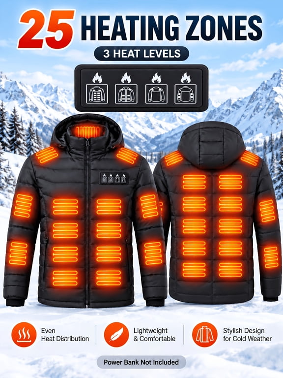 Men's 25-Zone Heated Jacket, 3 Heat Levels Independent Zone Control Hooded USB Powered Winter Thermal Coat, Lightweight Warm Puffer Outerwear for Outdoor Work Hiking (Power Bank Not Included)