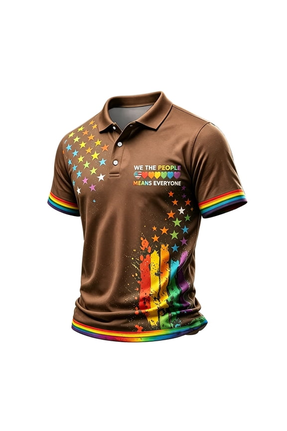 Men's 250 Anniversary USA LGBTQ Pride Collared Shirt, We The People Means Everyone Rainbow Star Print Short Sleeve Casual Tops