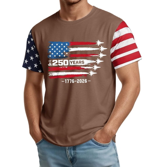 Men's 250 Anniversary USA Shirt 1776-2026 250th Birthday Patriotic American Flag T-Shirt Summer Casual Fashion Short Sleeves Tops,Brown,XXXL