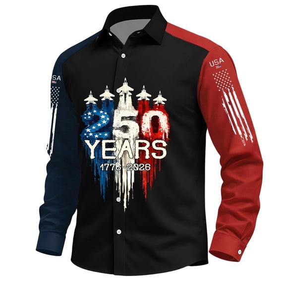 Men's 250 Anniversary USA Shirt American Flag Button Down Print Shirts Long Sleeves Patriotic Tees