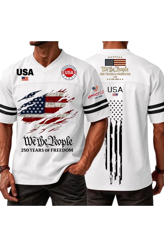 Men's 250 Anniversary T-Shirt 1776 2026 Patriotic American Flag Freedom Shirts Short Sleeve V Neck Shirt White XXL