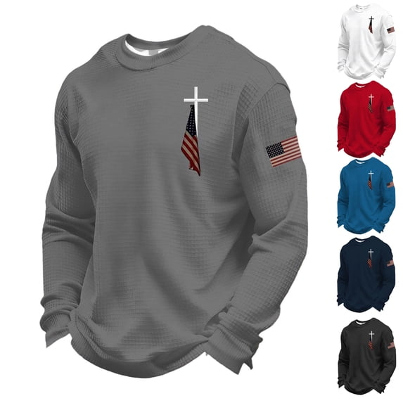 Men's 250 Anniversary Usa Crewneck Pullover Sweatshirts Long-Sleeved Waffle Shirts American Flag Graphic Pullover Sweatshirts Vintage Jesus Cross Patriotic Casual Freedom Pullover Tops,White 3XL