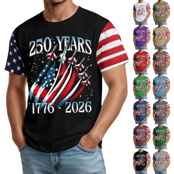 Men's 250 Years 1776-2026 Shirt with Jet Smoke American Flag Graphic and Star Stripe Sleeves Featuring Classic Round Neck Red M