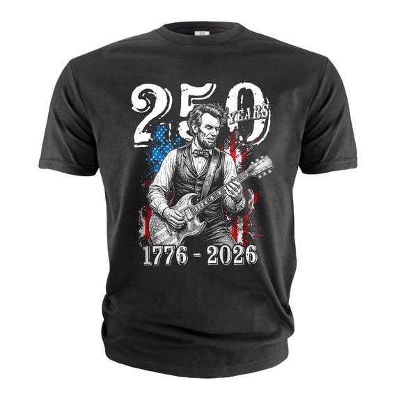 Men's 250 Years Abraham Lincoln Guitar T-Shirt (1776-2026) (Medium Black)