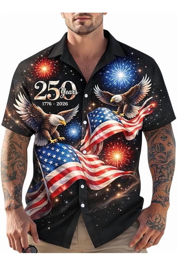 Men’s 250 Years America 1776-2026 Patriotic Button Down Shirt,Bald Eagle US Flag Statue of Liberty Print,Short Sleeve Casual Shirts