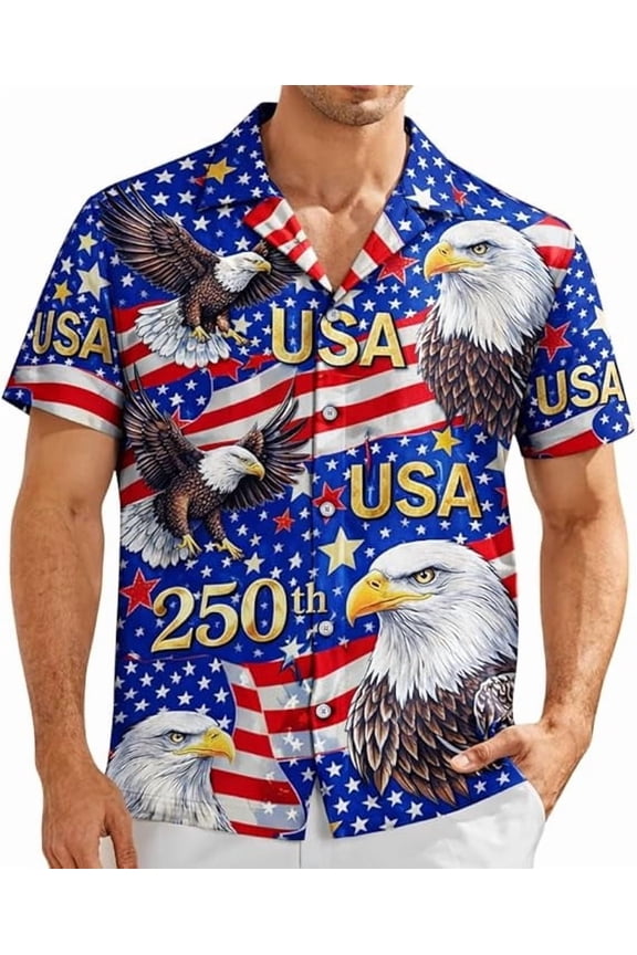 Men’s 250 Years America 1776-2026 Patriotic Button Down Shirt,Bald Eagle US Flag Statue of Liberty Print,Short Sleeve Casual Shirts
