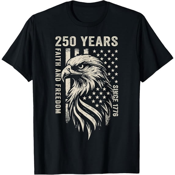 Men's 250 Years America Faith and Freedom Since 1776 4th of July T-Shirt, Comfortable Breathable Soft Tee, Men's 100% Cotton Graphic T-Shirt 180gsm