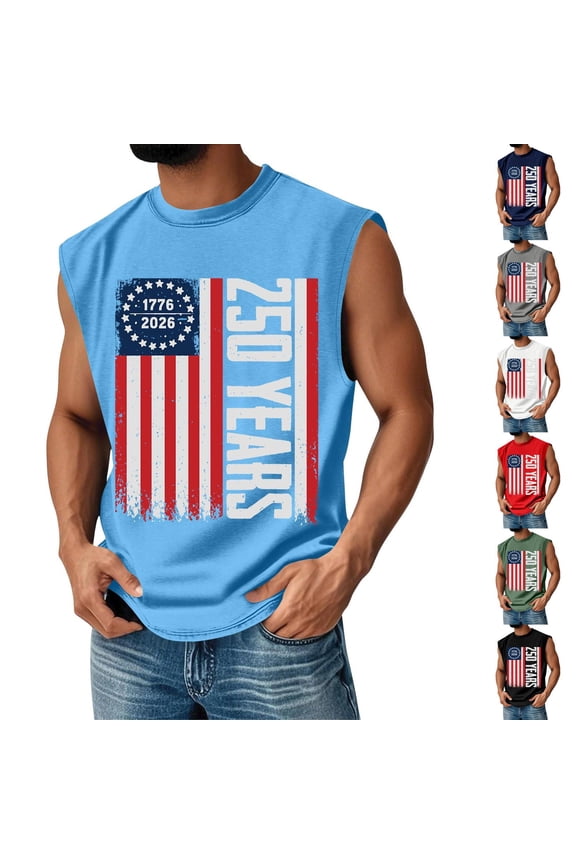Men's 250 Years America Tank Tops Usa Independence Day 4th Of July Shirts Usa American Flag Graphic Sleeveless Patriotic Tank We the People Crew-Neck Cut Off Shirts,Blue L