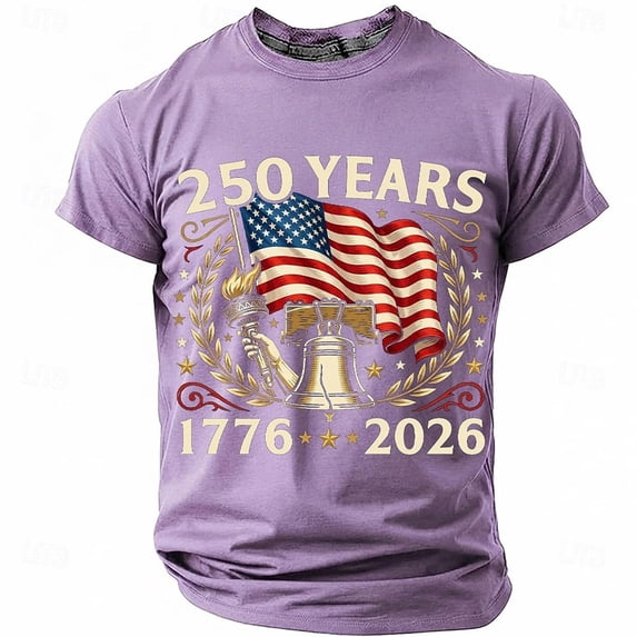 Men’s 250 Years of America 1776-2026 Patriotic T-Shirt, Short Sleeve Liberty Bell Flag Graphic Classic Celebration Top Tee