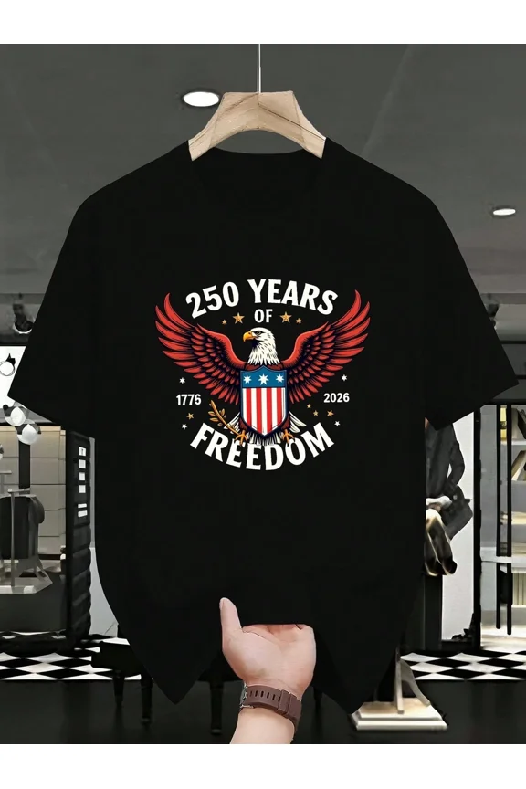 Men's 250 Years of Freedom Patriotic T-Shirt USA 1776-2026 Bald Eagle Graphic Tee