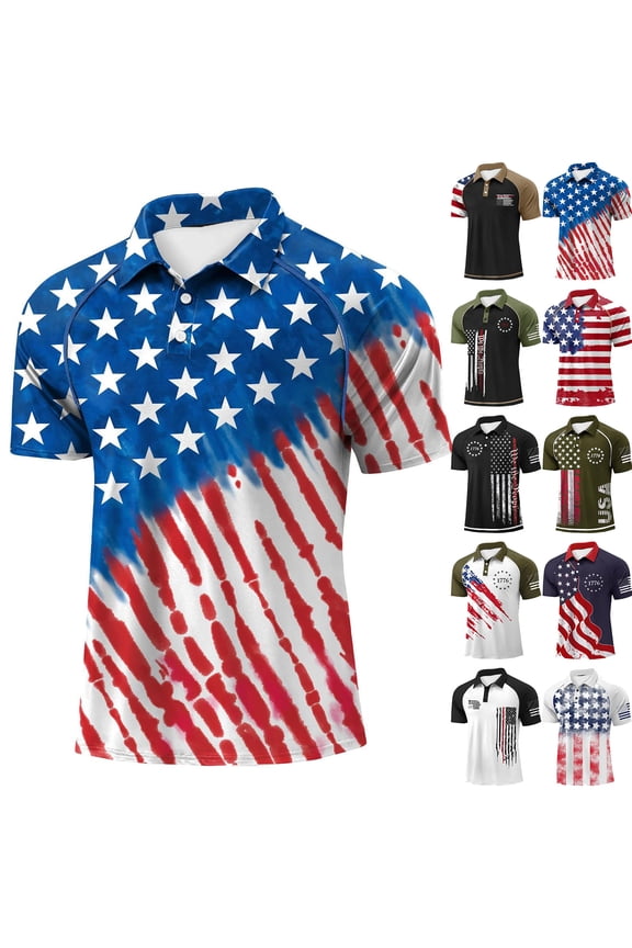 Men's 250th Anniversary American Flag Print Polo Shirt Button Down Short Sleeve Polo Shirt USA American Flag Tees Shirts USA Patriotic 1776 Independent Day Clothes Green L