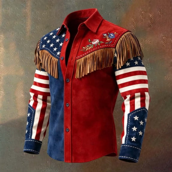 Men's 250th Anniversary Fringe Denim Shirts Western Style Casual Button Down Long Sleeve Patriotic USA Flag Outdoor Tops,Red,5XL