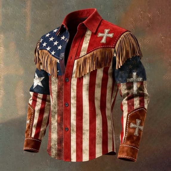 Men's 250th Anniversary Fringe Denim Shirts Western Style Casual Button Down Patriotic USA Flag Cowboy Tops Blouses,Red,L