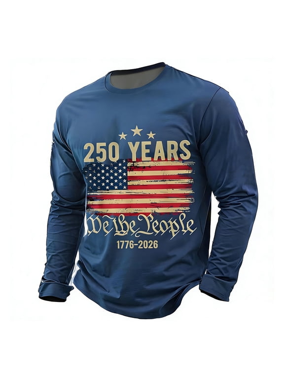 Men's 250th Anniversary Long Sleeve T-Shirt, 1776-2026 Vintage American Flag Print with We The People Text