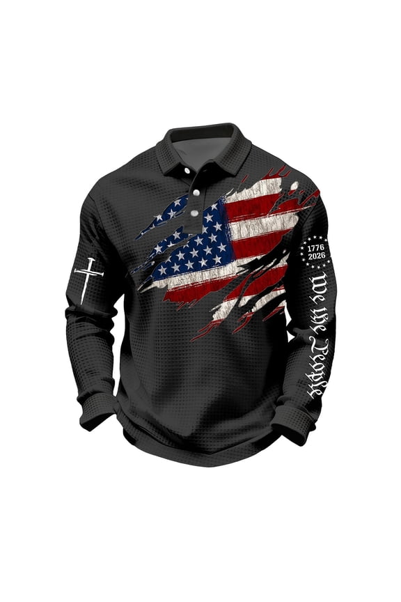 Men's 250th Anniversary Patriotic Shirt, USA Flag Cross Print Waffle Long Sleeve Polo Casual Wear