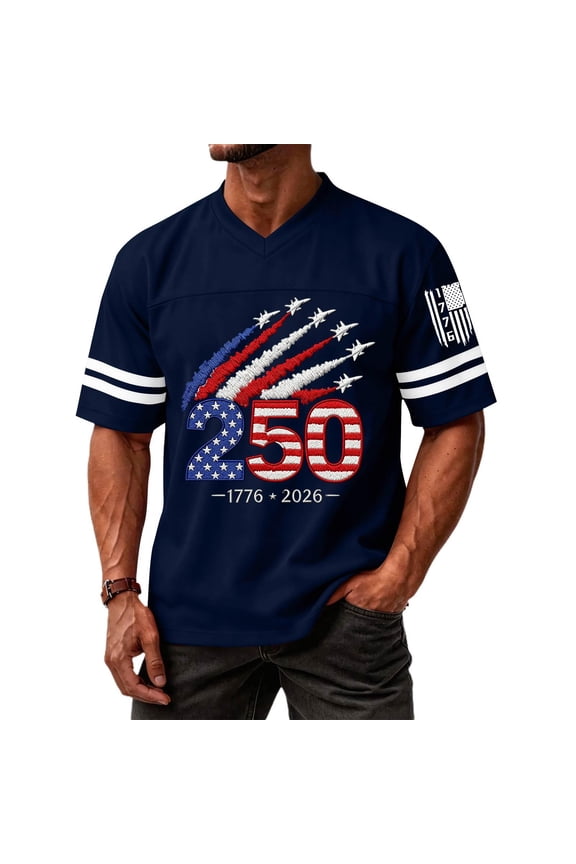 Men's 250th Anniversary Patriotic T-Shirts V Neck Jersey 1776-2026 American Flag Tee Aircraft Trail Short Sleeve Shirt Navy XL