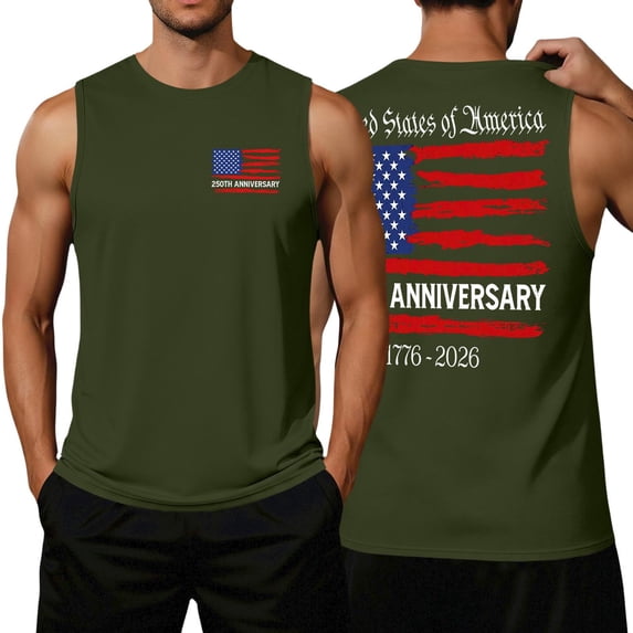 Men's 250th Anniversary Patriotic Tank Tops 1776-2026 USA Flag Sleeveless Crewneck Shirts Independence Day Casual Vintage Printed Tops Army Green M