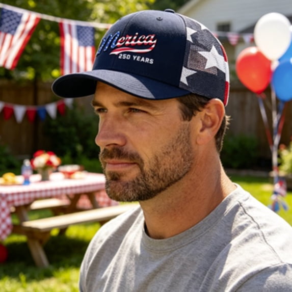 Men's 250th Anniversary Patriotic Trucker Hat, Flag Embroidery Breathable Mesh Cap, Adjustable Snapback Baseball Cap for Summer Outdoor Camping Hiking Parade Daily Wear, Navy