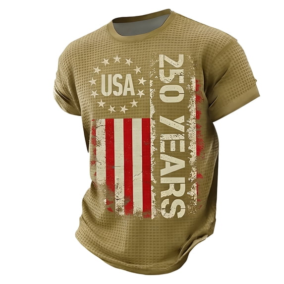 Men's 250th Anniversary USA Flag T-Shirt Retro Distressed Waffle Knit Top Brown 5XL
