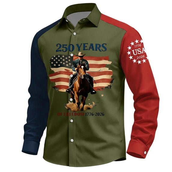 Men's 250th Anniversary USA Shirt America Flag Printed Button Down T-Shirt Long Sleeves Patriotic Shirts