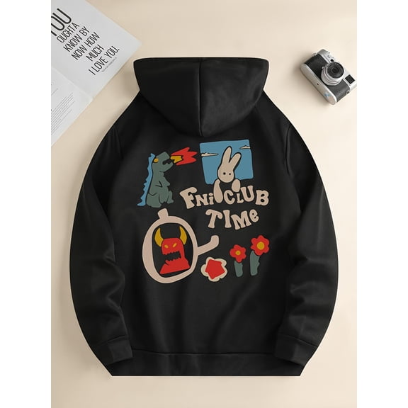 Men's 260g Heavyweight Black Hoodie with Fun Club & Dragon Graffiti Print - Soft Breathable Loose Fit Kangaroo Pocket Sweatshirt, Manga-Inspired Streetwear for Autumn Winter, Young Adults Casual Pull