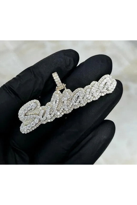 Men's 2Ct Real Moissanite Custom Cursive Name Pendant 14k White Gold Plated 925 Silver