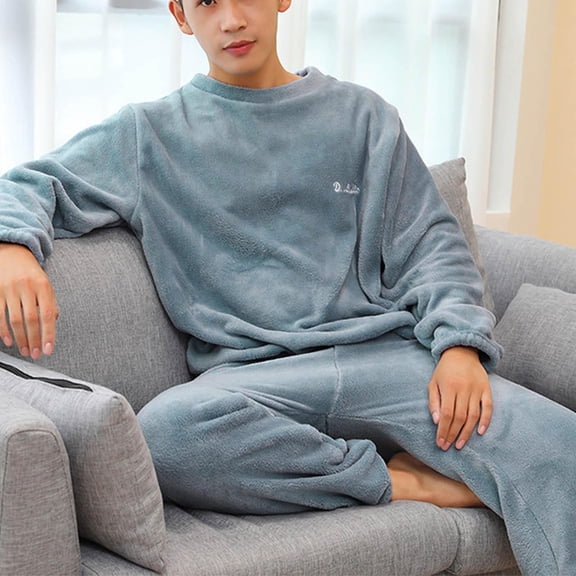 Men's 2PC Fleece Lined Pajamas Sets Long Sleeve Crewneck Pullover Top Elastic Waist Solid Cuffed Joggers Sleepwear Suit Blue L