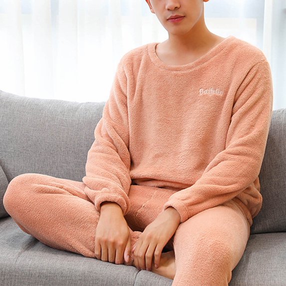 Men's 2PC Fleece Lined Pajamas Sets Long Sleeve Crewneck Pullover Top Elastic Waist Solid Cuffed Joggers Sleepwear Suit Pink 3XL