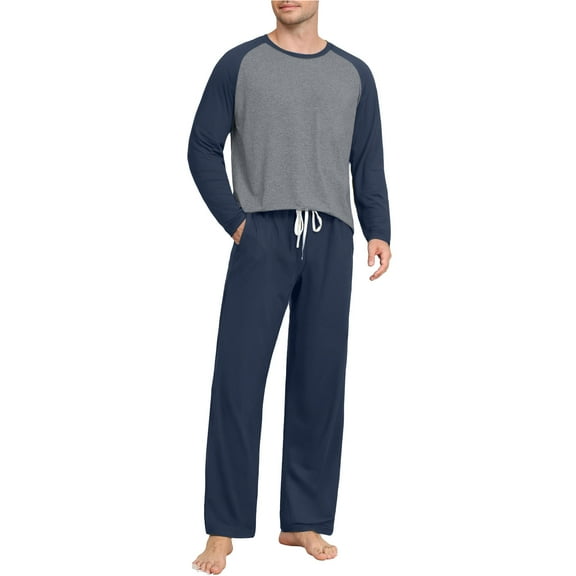Men's 2PC Sleepwear Shirt Set Long Sleeve Crewneck Color Block Pullover Top Solid Elastic Waist Loungewear Set Navy S