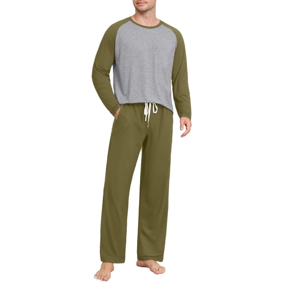 Men's 2PC Sleepwear Shirt Set Long Sleeve Crewneck Color Block Pullover Top Solid Elastic Waist Loungewear Set Olive Green 3XL