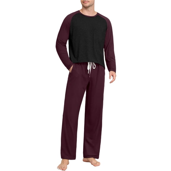 Men's 2PC Sleepwear Shirt Set Long Sleeve Crewneck Color Block Pullover Top Solid Elastic Waist Loungewear Set Wine S