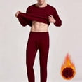 thumbnail image 1 of Men's 2PC Velvet Fleece Thermal Base Layer Suit Long Sleeve Crewneck Pullover Shirt Elastic Waist Leggings Sleepwear Set Wine 5XL, 1 of 6