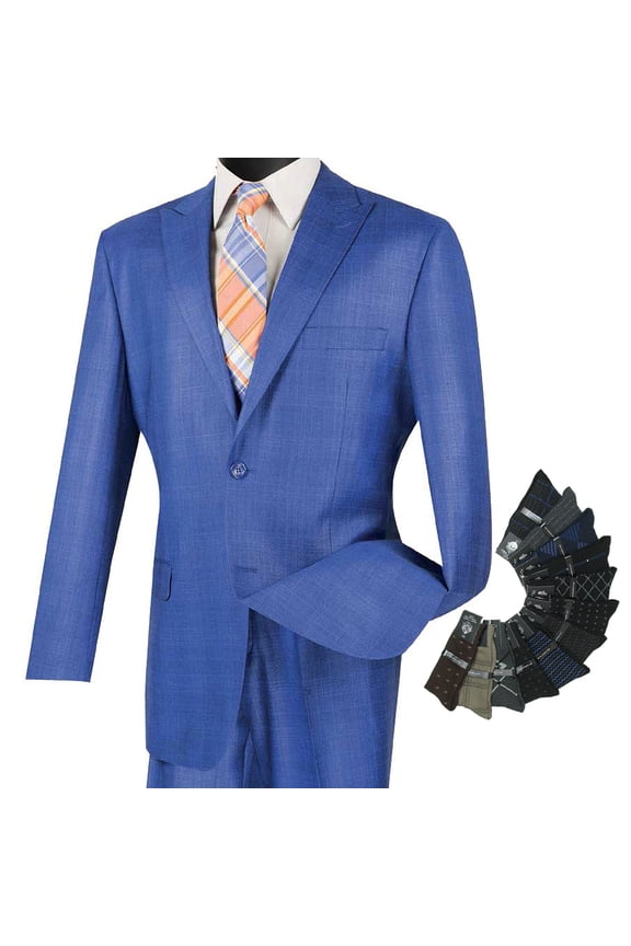Men's 2pc. Glen Plaid Regular Fit Single Breasted Suit w/1 Pair of Socks - Blue 40R