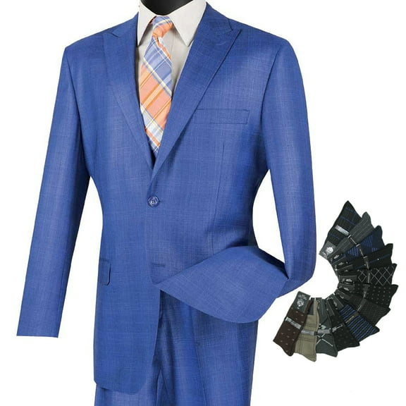 Men's 2pc. Glen Plaid Regular Fit Single Breasted Suit w/1 Pair of Socks - Blue 54L