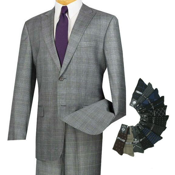 Men's 2pc. Glen Plaid Regular Fit Single Breasted Suit w/1 Pair of Socks - Gray 52R