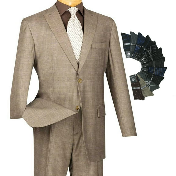 Men's 2pc. Glen Plaid Regular Fit Single Breasted Suit w/1 Pair of Socks - Tan 42R