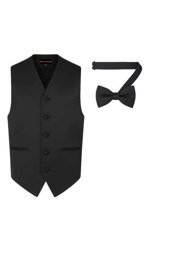2pc Men's Solid Formal Suit Vest Waistcoat Tuxedo Dress Vest and Bowtie Set for Suit or Tuxedo Black Medium