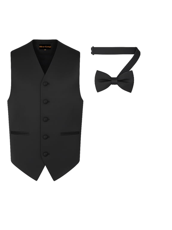 2pc Men's Solid Formal Suit Vest Waistcoat Tuxedo Dress Vest and Bowtie Set for Suit or Tuxedo Black Medium